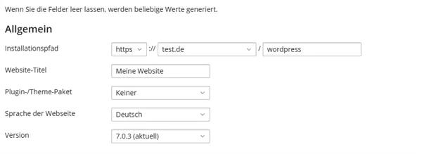 Abschnitt Allgemein mit Installationspfad, Website-Titel, Erweiterungspaket, Sprache und Version