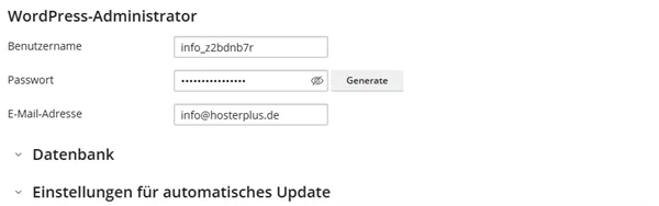 Abschnitt WordPress-Administrator mit Benutzername, Passwort und E-Mail-Adresse, darunter die zugeklappten Abschnitte Datenbank und automatisches Update