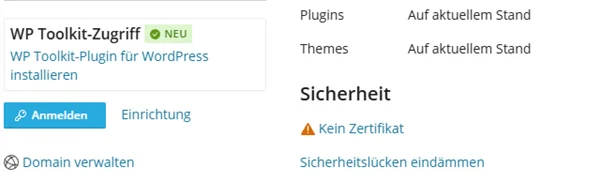 Schaltfl&auml;che Anmelden auf der Karte, daneben Einrichtung und Domain verwalten, rechts der Sicherheitsstatus