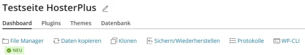 Karte der Installation mit den Registerkarten Dashboard, Plugins, Themes und Datenbank sowie den Werkzeugen File Manager, Klonen und Sichern