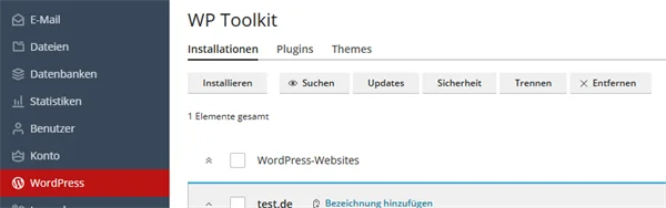 WordPress Toolkit in Plesk mit der Registerkarte Installationen und der Schaltfl&auml;che Installieren