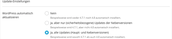 Fenster Update-Einstellungen mit den drei M&ouml;glichkeiten Nein, nur sicherheitsbezogene Updates der Nebenversionen und alle Updates