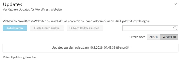 Fenster Updates mit den Schaltfl&auml;chen Aktualisieren und Nach Updates suchen, dem Filter Alle und Veraltet und der Meldung Keine Updates gefunden
