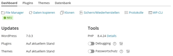 Karte einer Installation mit den Registerkarten Dashboard, Plugins, Themes und Datenbank und dem Block Updates mit den Zeilen WordPress, Plugins und Themes