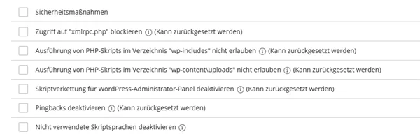 Liste der Sicherheitsma&szlig;nahmen mit K&auml;stchen und Eintr&auml;gen wie Zugriff auf xmlrpc.php blockieren und Pingbacks deaktivieren