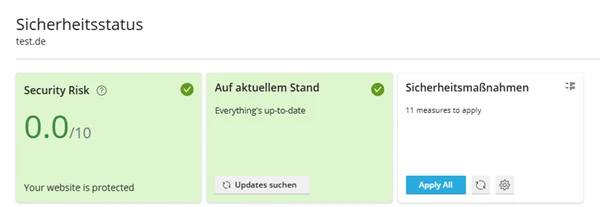 Sicherheitsstatus mit den drei K&auml;sten Security Risk 0.0 von 10, Auf aktuellem Stand und Sicherheitsma&szlig;nahmen