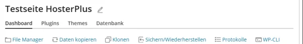 Werkzeugzeile einer WordPress-Installation im WP Toolkit mit den Eintraegen File Manager, Daten kopieren, Klonen, Sichern und Wiederherstellen, Protokolle und WP-CLI
