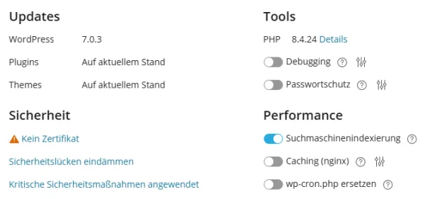 Dashboard einer WordPress-Installation im WP Toolkit mit den Bl&ouml;cken Updates, Sicherheit, Tools und Performance, unten rechts der Schalter wp-cron.php ersetzen