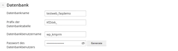 Abschnitt Datenbank im Installationsfenster mit Datenbankname, Pr&auml;fix der Datenbanktabelle, Datenbankbenutzername und Passwort mit der Schaltfl&auml;che Generate