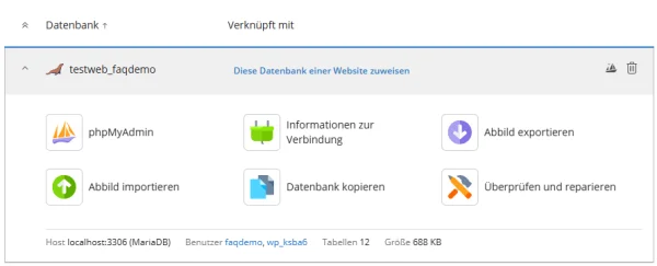 Karte der Datenbank mit phpMyAdmin, Informationen zur Verbindung, Abbild exportieren und importieren, Datenbank kopieren sowie der Fu&szlig;zeile mit Host, zwei Benutzern, 12 Tabellen und Gr&ouml;&szlig;e